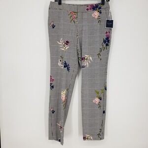 Kaari Blue Plaid Floral Cropped Pants Trousers 6 Straight Leg Ankle Houndstooth